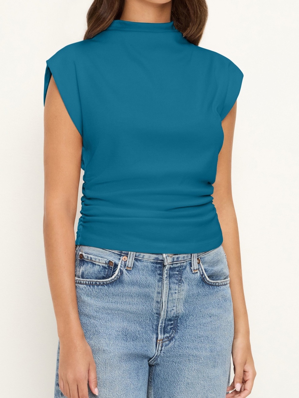Michael Stars Amara Mock Neck Power Shoulder Rib Top Lagoon S